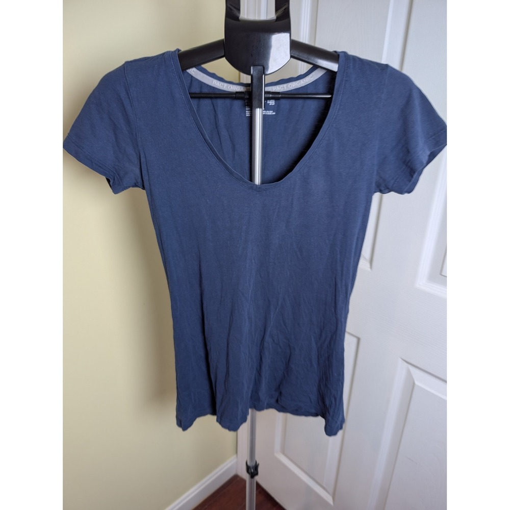 PACT V-Neck Tee Women Small Navy Blue Organic Cotton Short Sleeve Basic